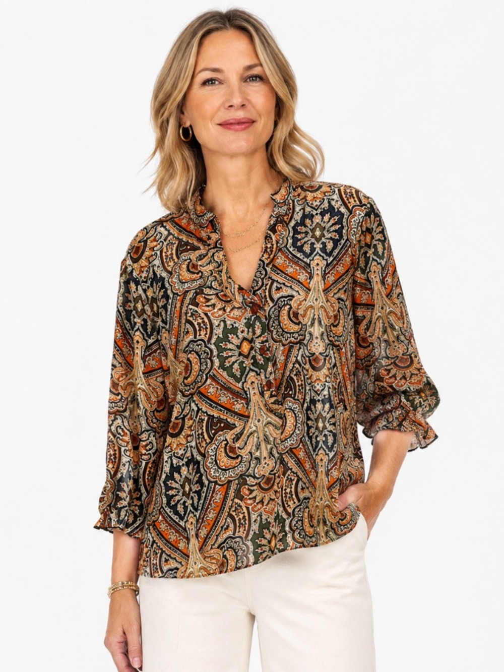 Woman’s Macckie Sheer Multi Colour Half button Top Blouse Size Large